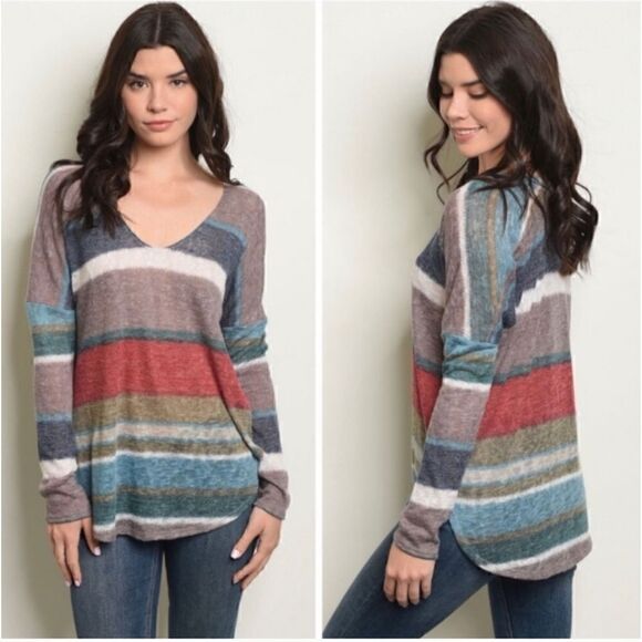 Soprano Striped V Neck Woven Sweater Tunic Sz Small - Picture 8 of 9